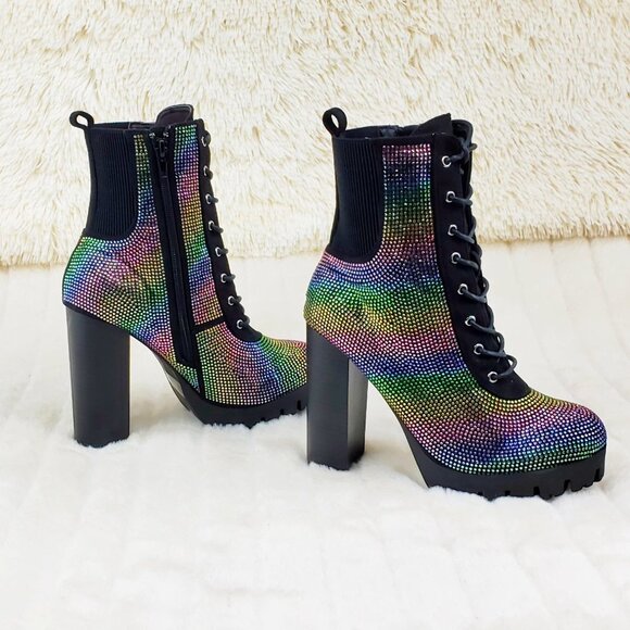 Rainbow Sparkle Rhinestone Chunky High Heel Ankle Boots - Picture 11 of 17
